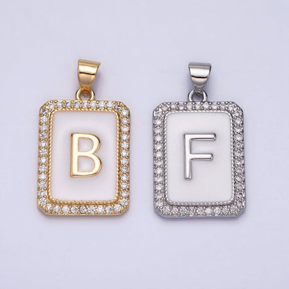 White Gold Filled Initial Letter A-Z White Enamel Micro Paved CZ Personalized Tag Pendant | A-559-A-571