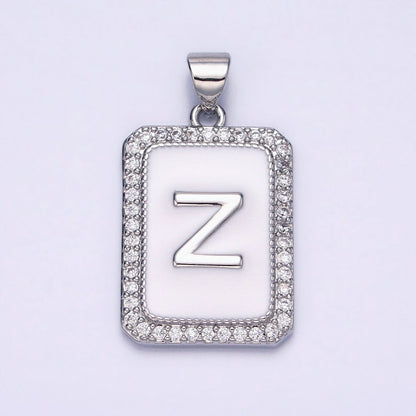 White Gold Filled Initial Letter A-Z White Enamel Micro Paved CZ Personalized Tag Pendant | A-559-A-571