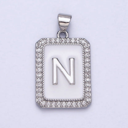 White Gold Filled Initial Letter A-Z White Enamel Micro Paved CZ Personalized Tag Pendant | A-559-A-571
