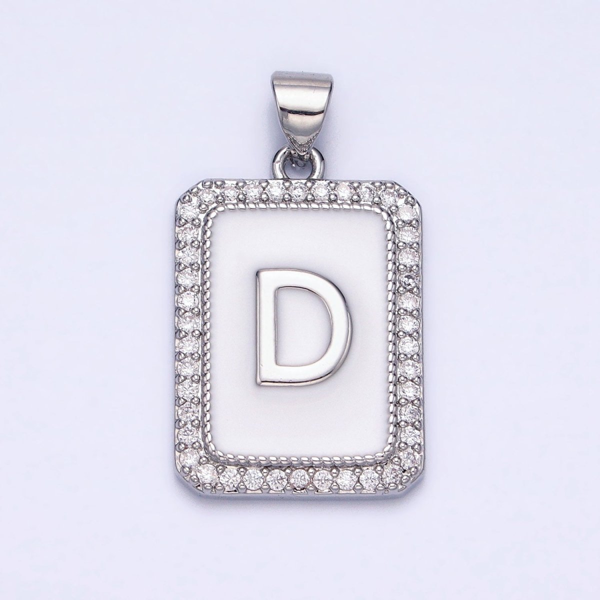 White Gold Filled Initial Letter A-Z White Enamel Micro Paved CZ Personalized Tag Pendant | A-559-A-571