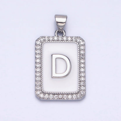 White Gold Filled Initial Letter A-Z White Enamel Micro Paved CZ Personalized Tag Pendant | A-559-A-571
