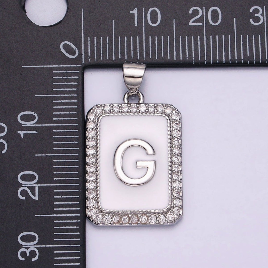 White Gold Filled Initial Letter A-Z White Enamel Micro Paved CZ Personalized Tag Pendant | A-559-A-571