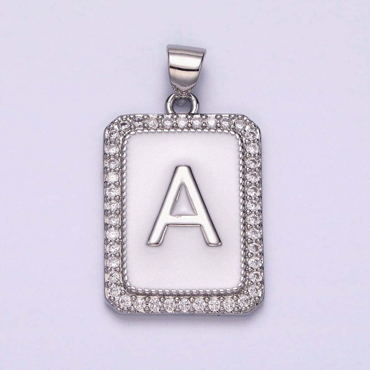 White Gold Filled Initial Letter A-Z White Enamel Micro Paved CZ Personalized Tag Pendant | A-559-A-571
