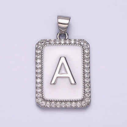 White Gold Filled Initial Letter A-Z White Enamel Micro Paved CZ Personalized Tag Pendant | A-559-A-571