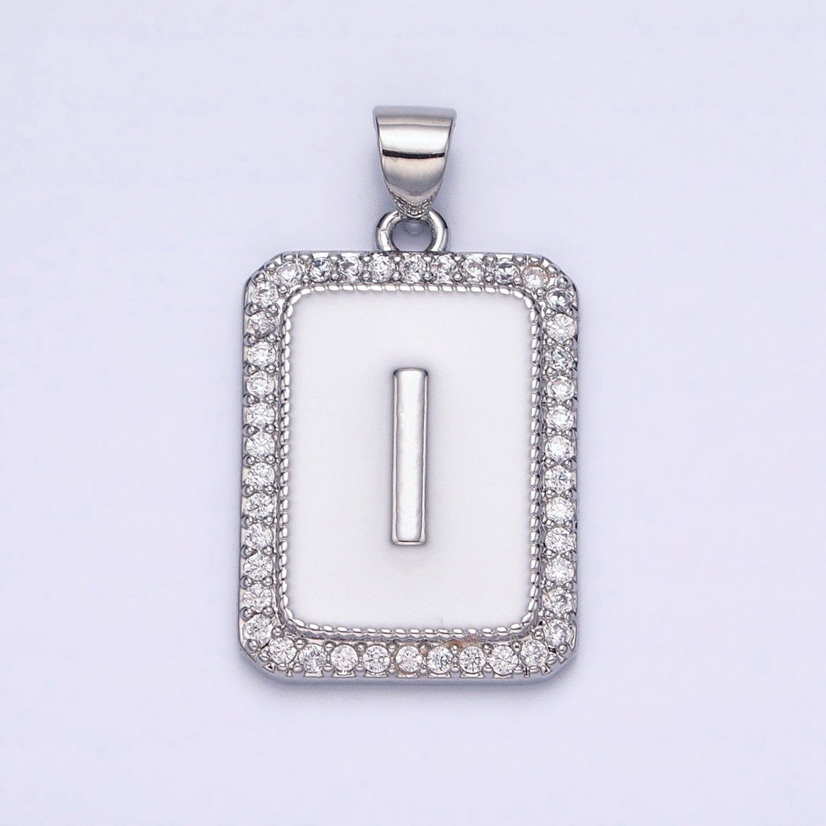 White Gold Filled Initial Letter A-Z White Enamel Micro Paved CZ Personalized Tag Pendant | A-559-A-571