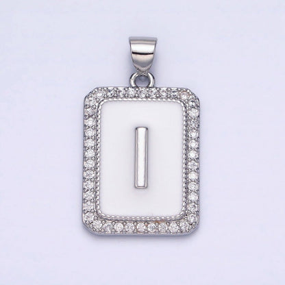 White Gold Filled Initial Letter A-Z White Enamel Micro Paved CZ Personalized Tag Pendant | A-559-A-571
