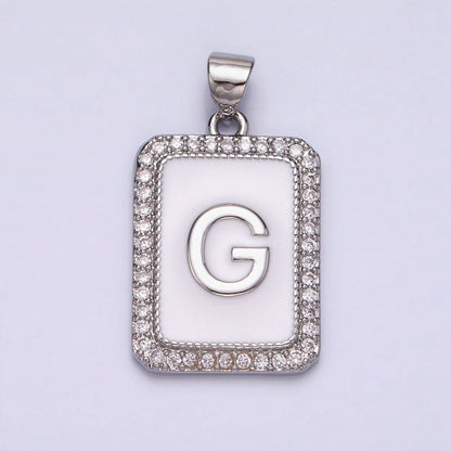 White Gold Filled Initial Letter A-Z White Enamel Micro Paved CZ Personalized Tag Pendant | A-559-A-571