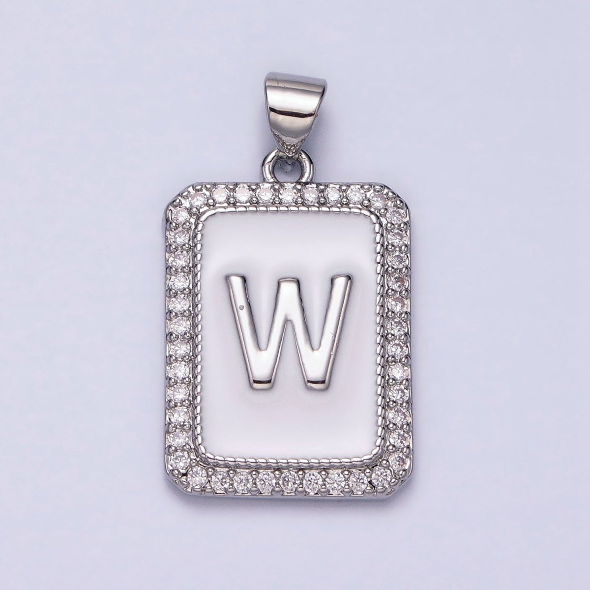 White Gold Filled Initial Letter A-Z White Enamel Micro Paved CZ Personalized Tag Pendant | A-559-A-571