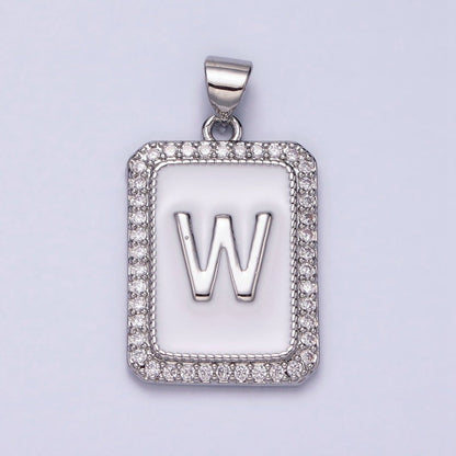 White Gold Filled Initial Letter A-Z White Enamel Micro Paved CZ Personalized Tag Pendant | A-559-A-571