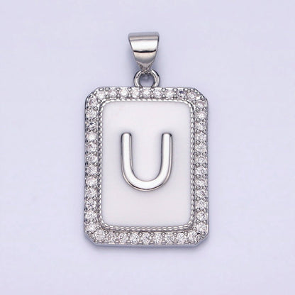 White Gold Filled Initial Letter A-Z White Enamel Micro Paved CZ Personalized Tag Pendant | A-559-A-571