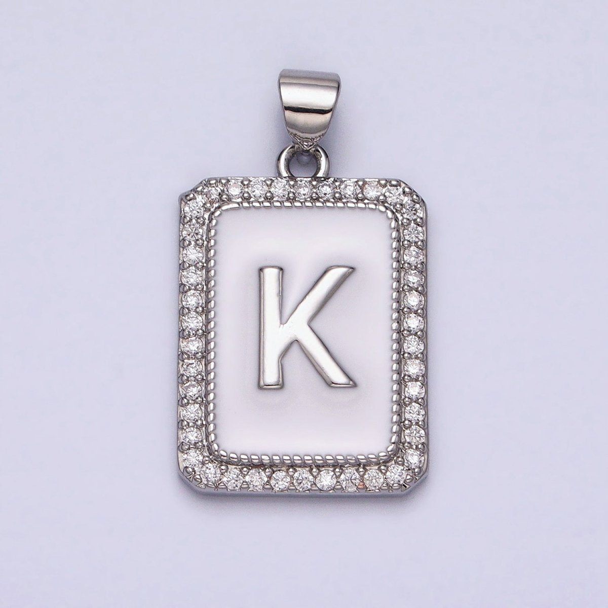White Gold Filled Initial Letter A-Z White Enamel Micro Paved CZ Personalized Tag Pendant | A-559-A-571