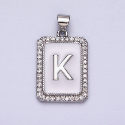 White Gold Filled Initial Letter A-Z White Enamel Micro Paved CZ Personalized Tag Pendant | A-559-A-571
