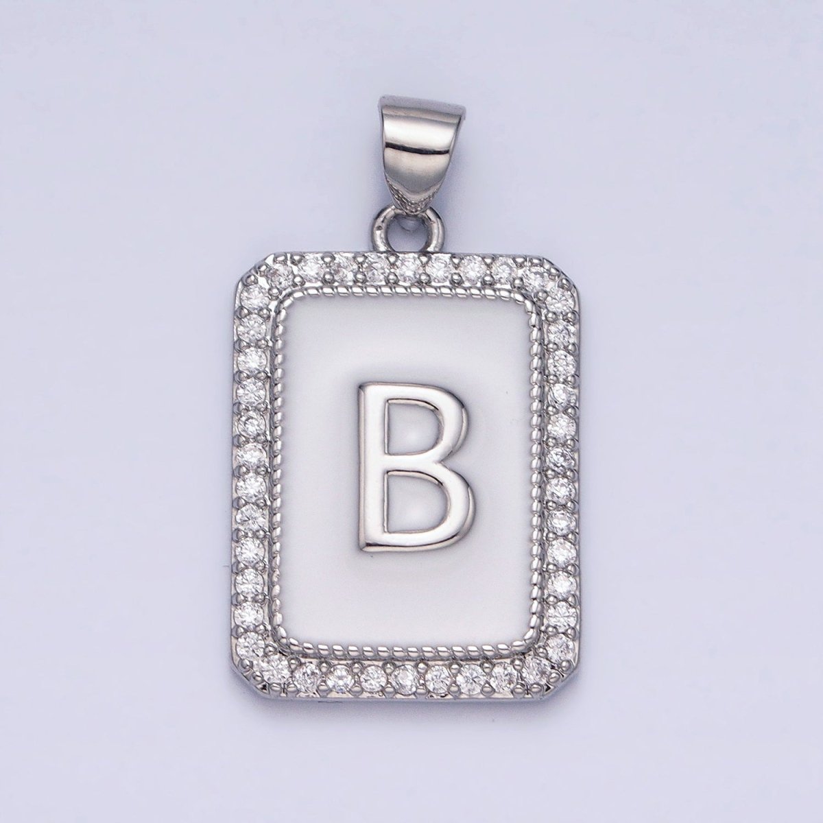 White Gold Filled Initial Letter A-Z White Enamel Micro Paved CZ Personalized Tag Pendant | A-559-A-571