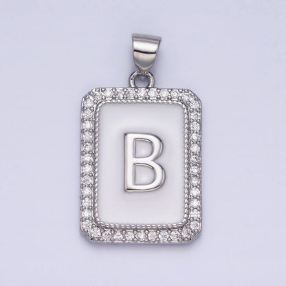 White Gold Filled Initial Letter A-Z White Enamel Micro Paved CZ Personalized Tag Pendant | A-559-A-571
