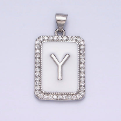 White Gold Filled Initial Letter A-Z White Enamel Micro Paved CZ Personalized Tag Pendant | A-559-A-571