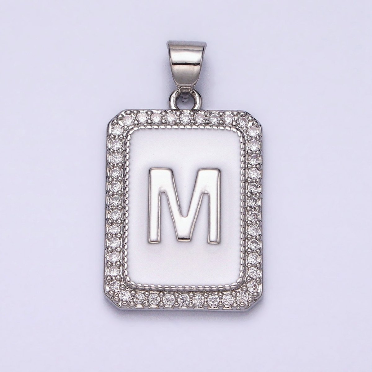 White Gold Filled Initial Letter A-Z White Enamel Micro Paved CZ Personalized Tag Pendant | A-559-A-571