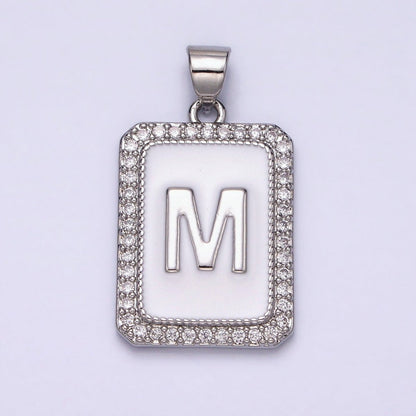 White Gold Filled Initial Letter A-Z White Enamel Micro Paved CZ Personalized Tag Pendant | A-559-A-571