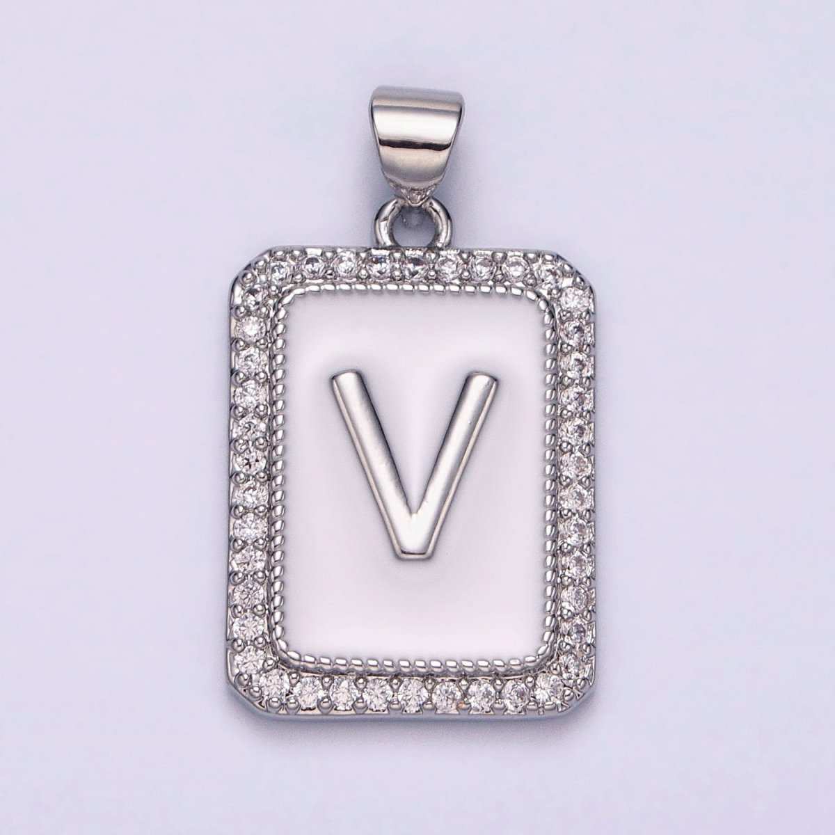 White Gold Filled Initial Letter A-Z White Enamel Micro Paved CZ Personalized Tag Pendant | A-559-A-571