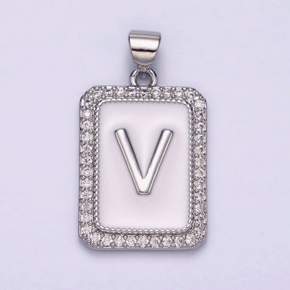 White Gold Filled Initial Letter A-Z White Enamel Micro Paved CZ Personalized Tag Pendant | A-559-A-571