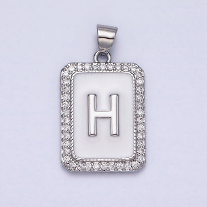 White Gold Filled Initial Letter A-Z White Enamel Micro Paved CZ Personalized Tag Pendant | A-559-A-571