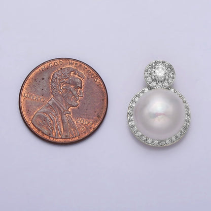 White Gold Filled Shell Pearl Round Micro Paved CZ Pendant | P1571