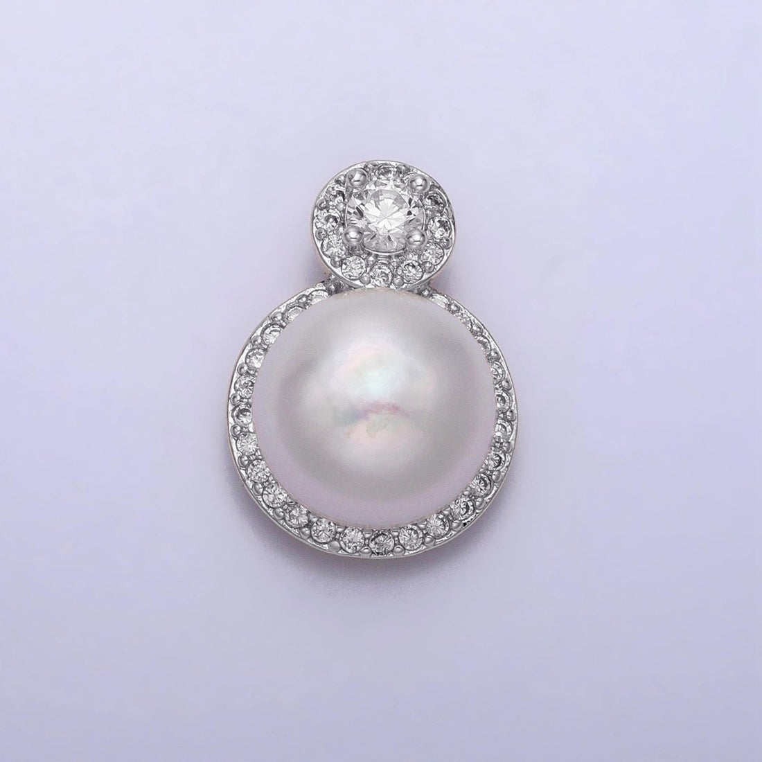 White Gold Filled Shell Pearl Round Micro Paved CZ Pendant | P1571