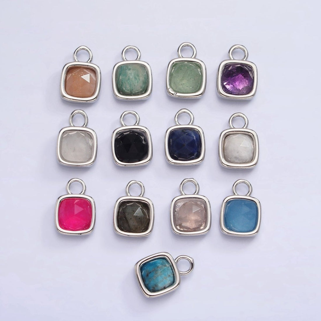 White Gold Filled Square Multifaceted Natural Gemstone Personalized Add-On Silver Charm | AC1530 - AC1542