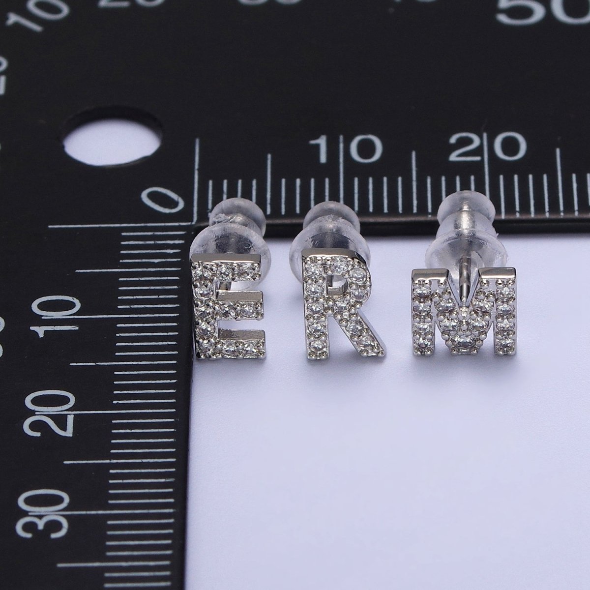 White Gold Filled Tiny Initial Letter Diamond CZ Silver Stud Earrings | AD-120-AD-145