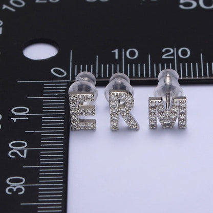 White Gold Filled Tiny Initial Letter Diamond CZ Silver Stud Earrings | AD-120-AD-145
