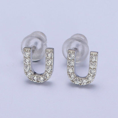 White Gold Filled Tiny Initial Letter Diamond CZ Silver Stud Earrings | AD-120-AD-145