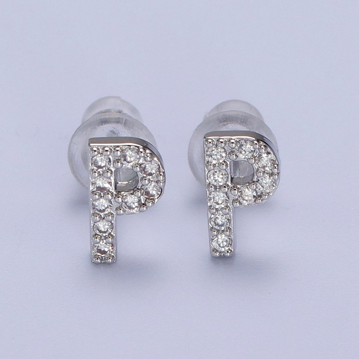 White Gold Filled Tiny Initial Letter Diamond CZ Silver Stud Earrings | AD-120-AD-145