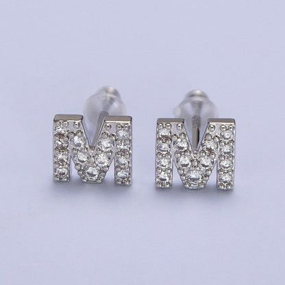 White Gold Filled Tiny Initial Letter Diamond CZ Silver Stud Earrings | AD-120-AD-145