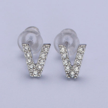 White Gold Filled Tiny Initial Letter Diamond CZ Silver Stud Earrings | AD-120-AD-145