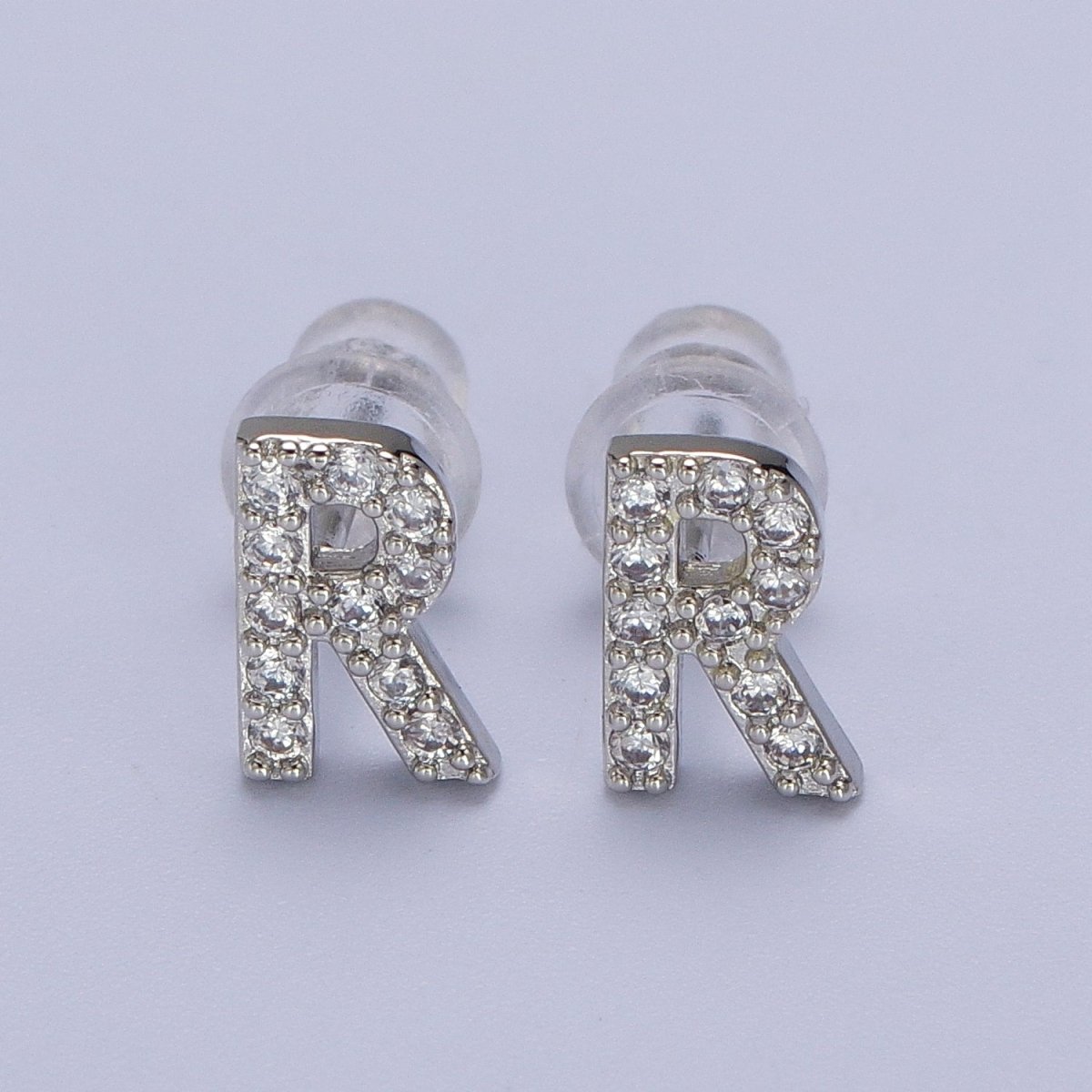 White Gold Filled Tiny Initial Letter Diamond CZ Silver Stud Earrings | AD-120-AD-145