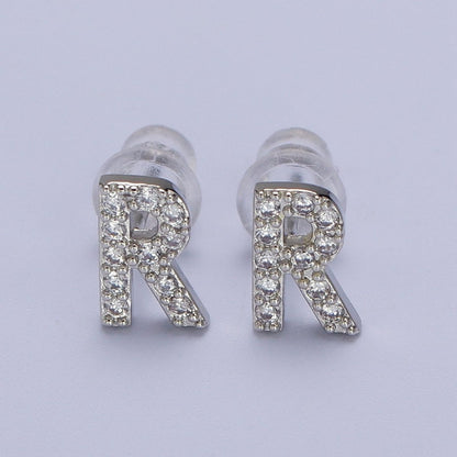 White Gold Filled Tiny Initial Letter Diamond CZ Silver Stud Earrings | AD-120-AD-145