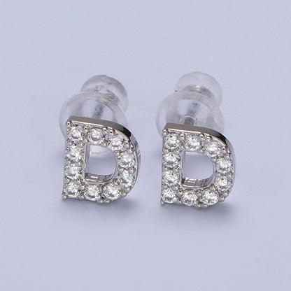 White Gold Filled Tiny Initial Letter Diamond CZ Silver Stud Earrings | AD-120-AD-145