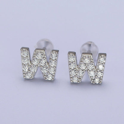 White Gold Filled Tiny Initial Letter Diamond CZ Silver Stud Earrings | AD-120-AD-145
