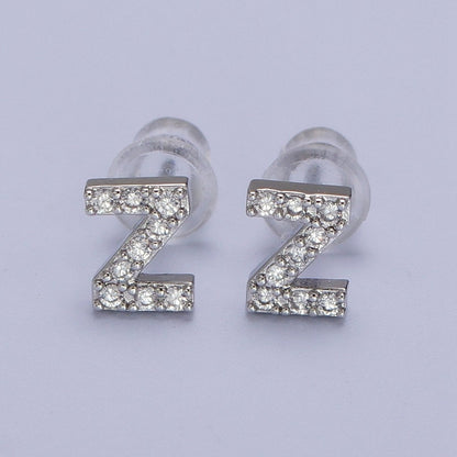 White Gold Filled Tiny Initial Letter Diamond CZ Silver Stud Earrings | AD-120-AD-145