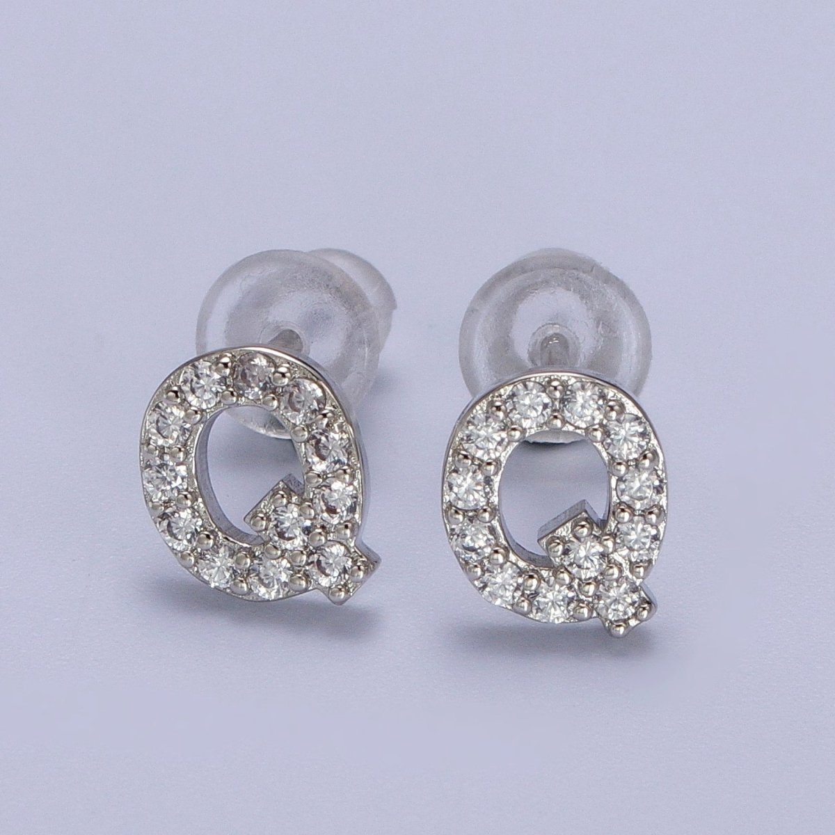 White Gold Filled Tiny Initial Letter Diamond CZ Silver Stud Earrings | AD-120-AD-145