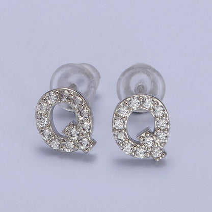 White Gold Filled Tiny Initial Letter Diamond CZ Silver Stud Earrings | AD-120-AD-145