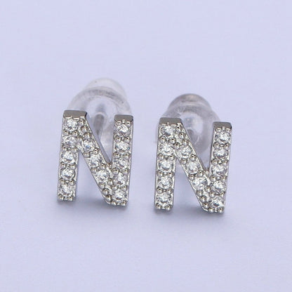 White Gold Filled Tiny Initial Letter Diamond CZ Silver Stud Earrings | AD-120-AD-145