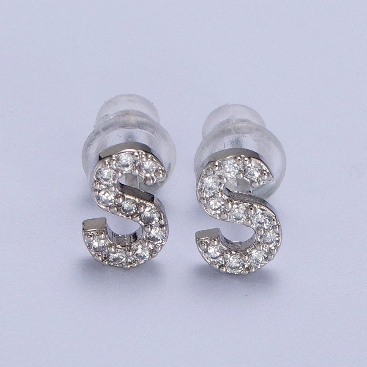 White Gold Filled Tiny Initial Letter Diamond CZ Silver Stud Earrings | AD-120-AD-145