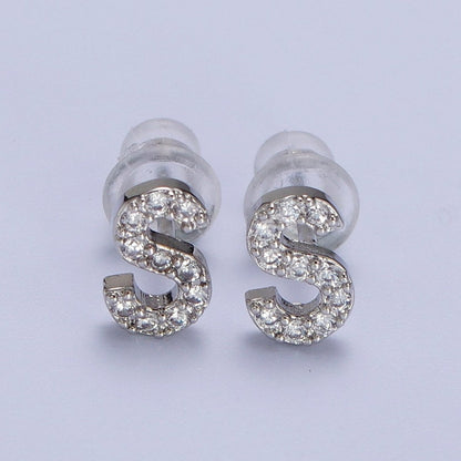 White Gold Filled Tiny Initial Letter Diamond CZ Silver Stud Earrings | AD-120-AD-145