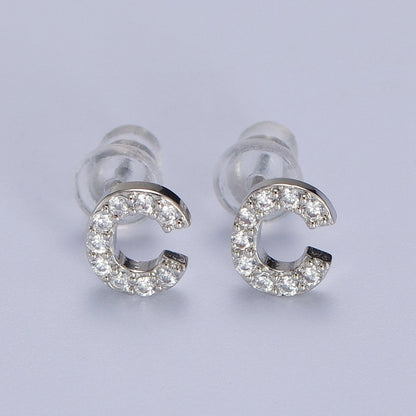 White Gold Filled Tiny Initial Letter Diamond CZ Silver Stud Earrings | AD-120-AD-145