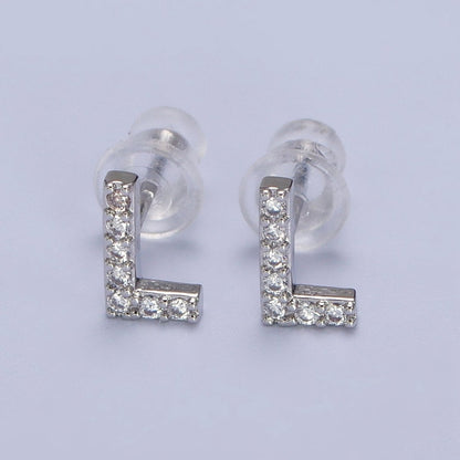 White Gold Filled Tiny Initial Letter Diamond CZ Silver Stud Earrings | AD-120-AD-145