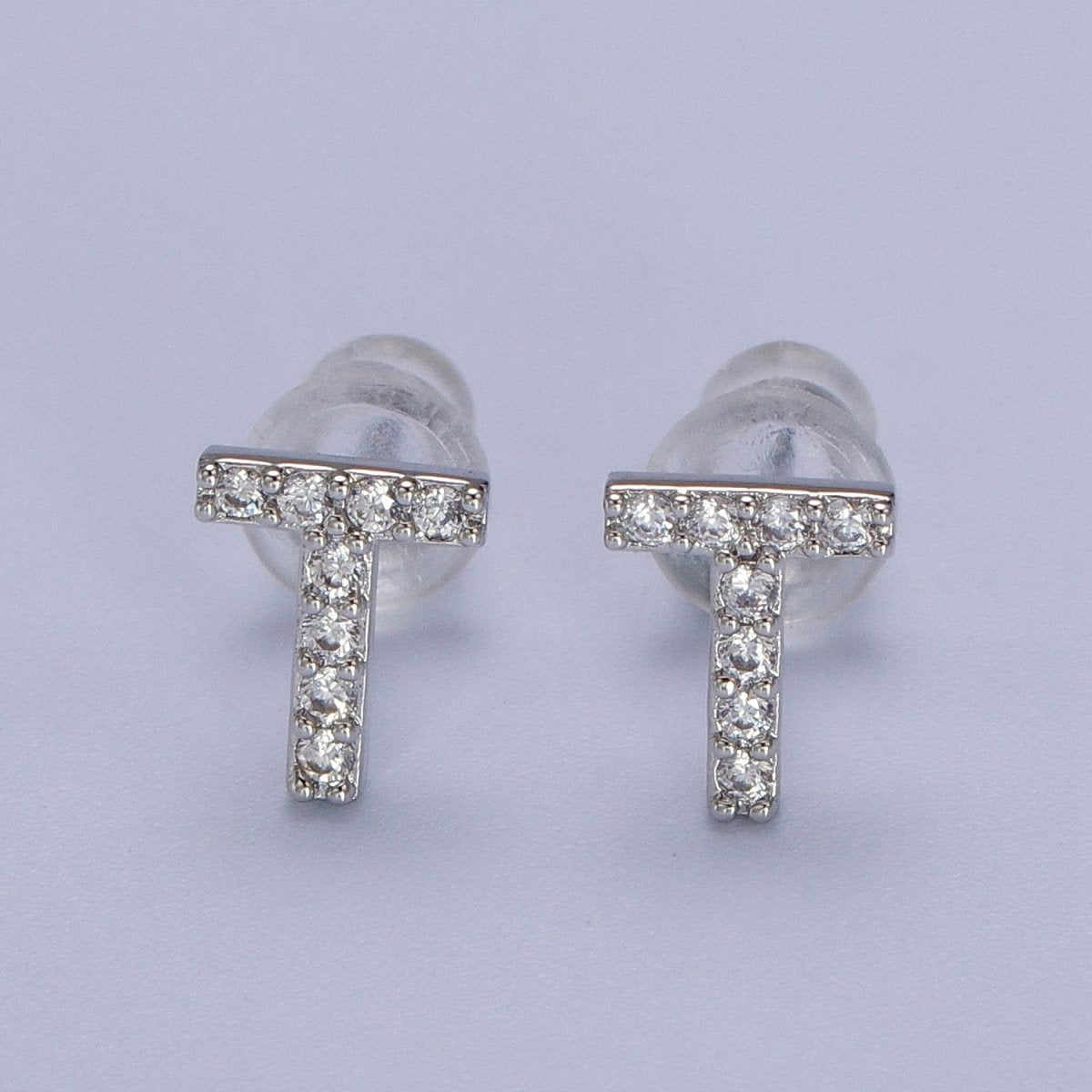 White Gold Filled Tiny Initial Letter Diamond CZ Silver Stud Earrings | AD-120-AD-145