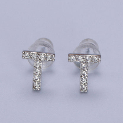 White Gold Filled Tiny Initial Letter Diamond CZ Silver Stud Earrings | AD-120-AD-145