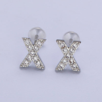 White Gold Filled Tiny Initial Letter Diamond CZ Silver Stud Earrings | AD-120-AD-145