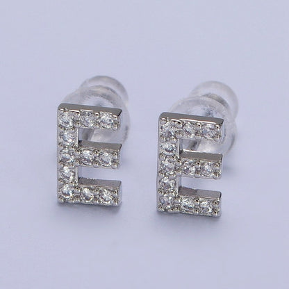 White Gold Filled Tiny Initial Letter Diamond CZ Silver Stud Earrings | AD-120-AD-145