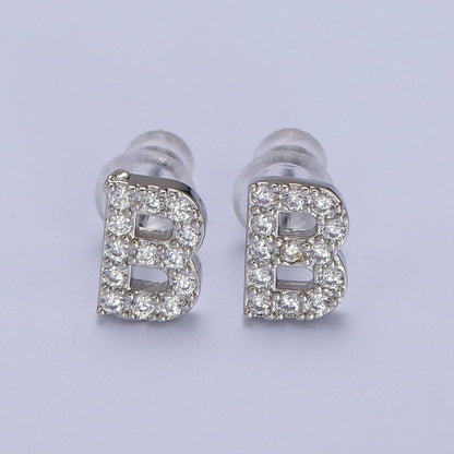 White Gold Filled Tiny Initial Letter Diamond CZ Silver Stud Earrings | AD-120-AD-145